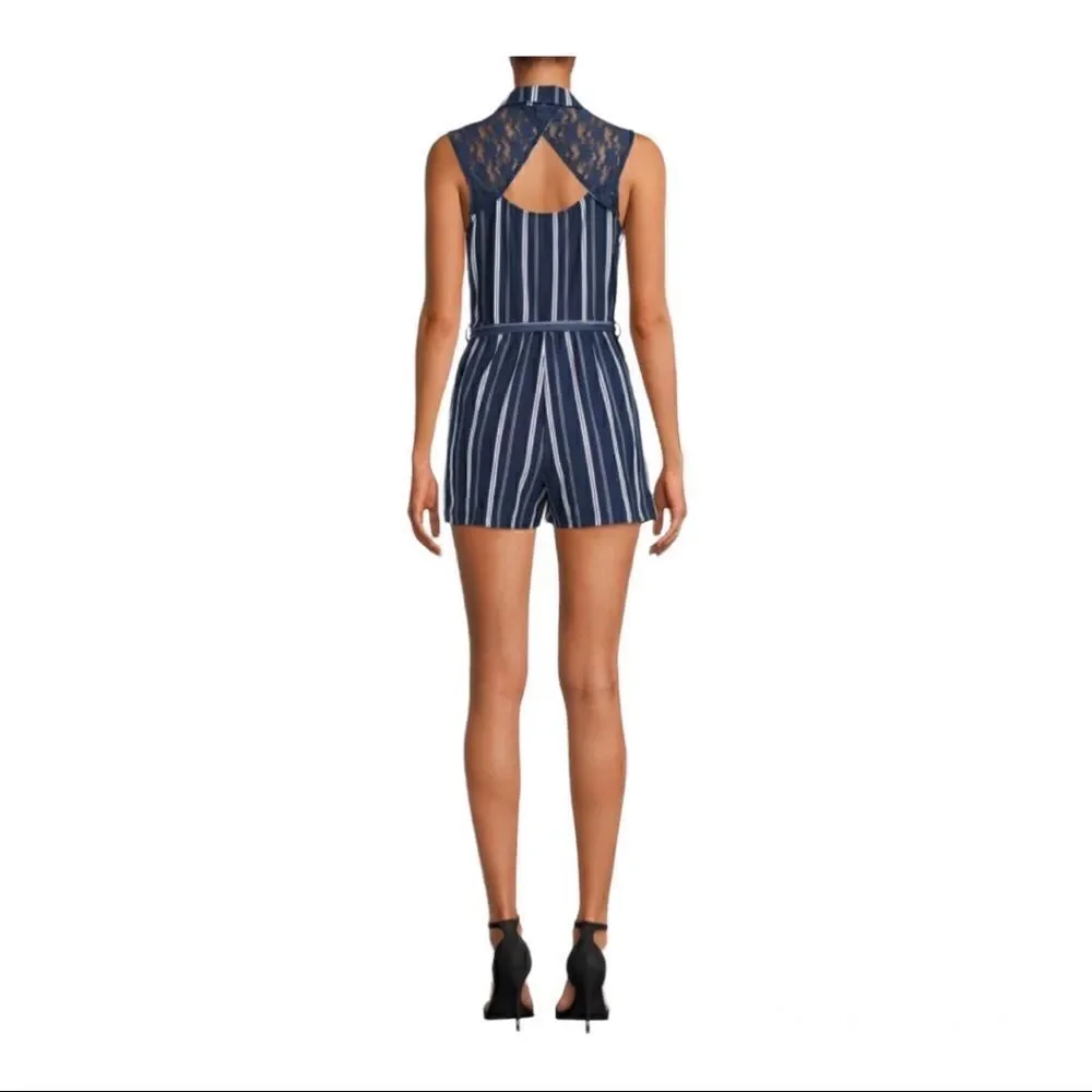 No Boundaries Juniors' Blue Striped Lace Back Romper; SZ XL (15-17); BNWT